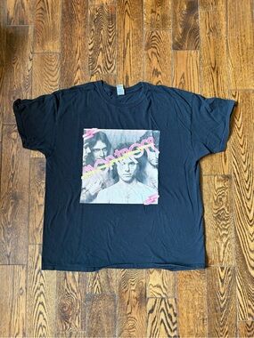 Black Graphic Band Tee with Retro Pink Accent